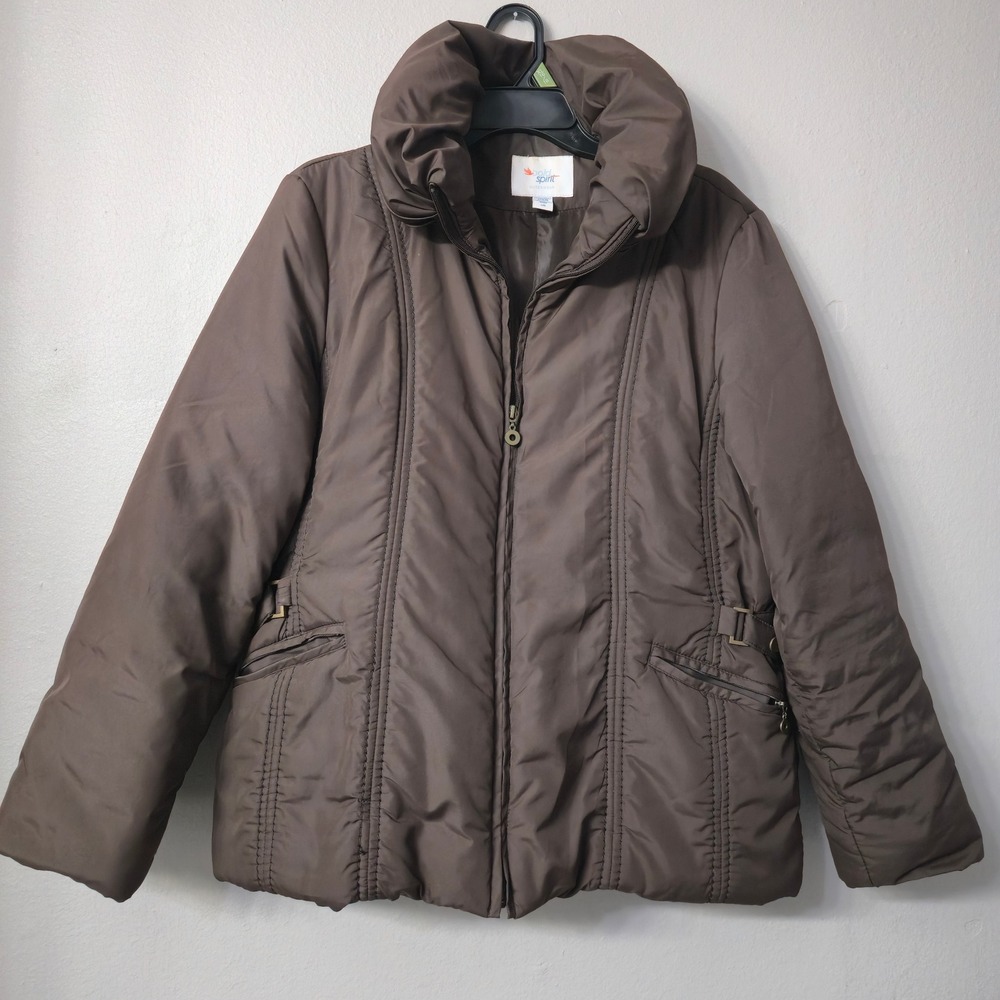 Bold Spirit Brown Puffer Jacket Women Large Quilted Funnel Neck Full Zip Coat